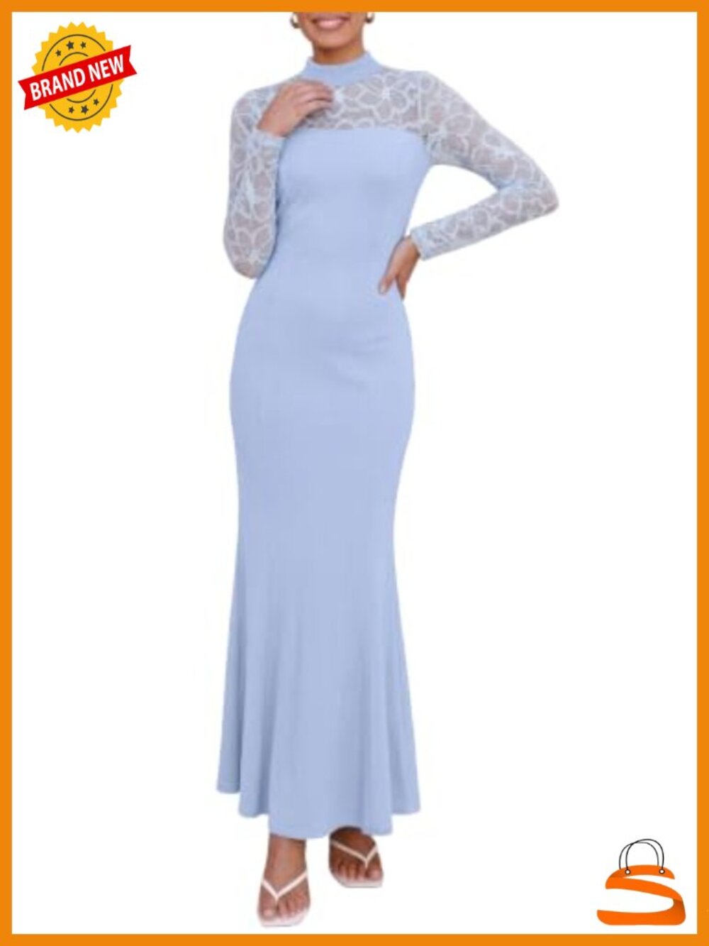 Women's Lace Sheer Bodycon Maxi Dress Long Sleeve Mock Neck Formal
